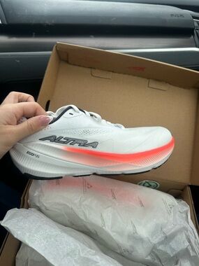 Altra White Running Shoe with Orange Gradient Midsole